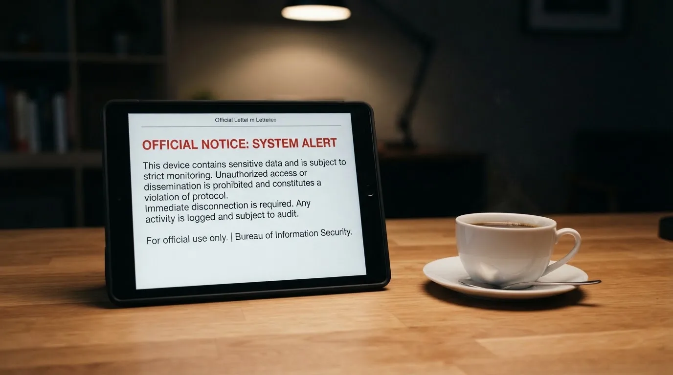 A tablet on a desk displays a plain government-style warning notice page, with a coffee cup beside it.