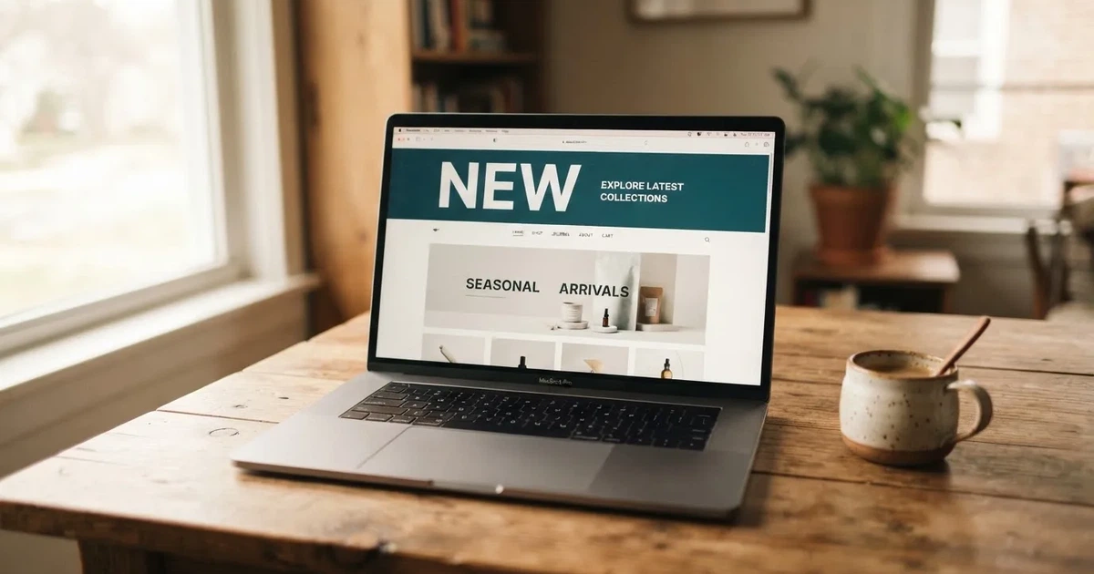 A laptop screen shows a freshly loading website homepage with a 'new' banner, on a plain desk.