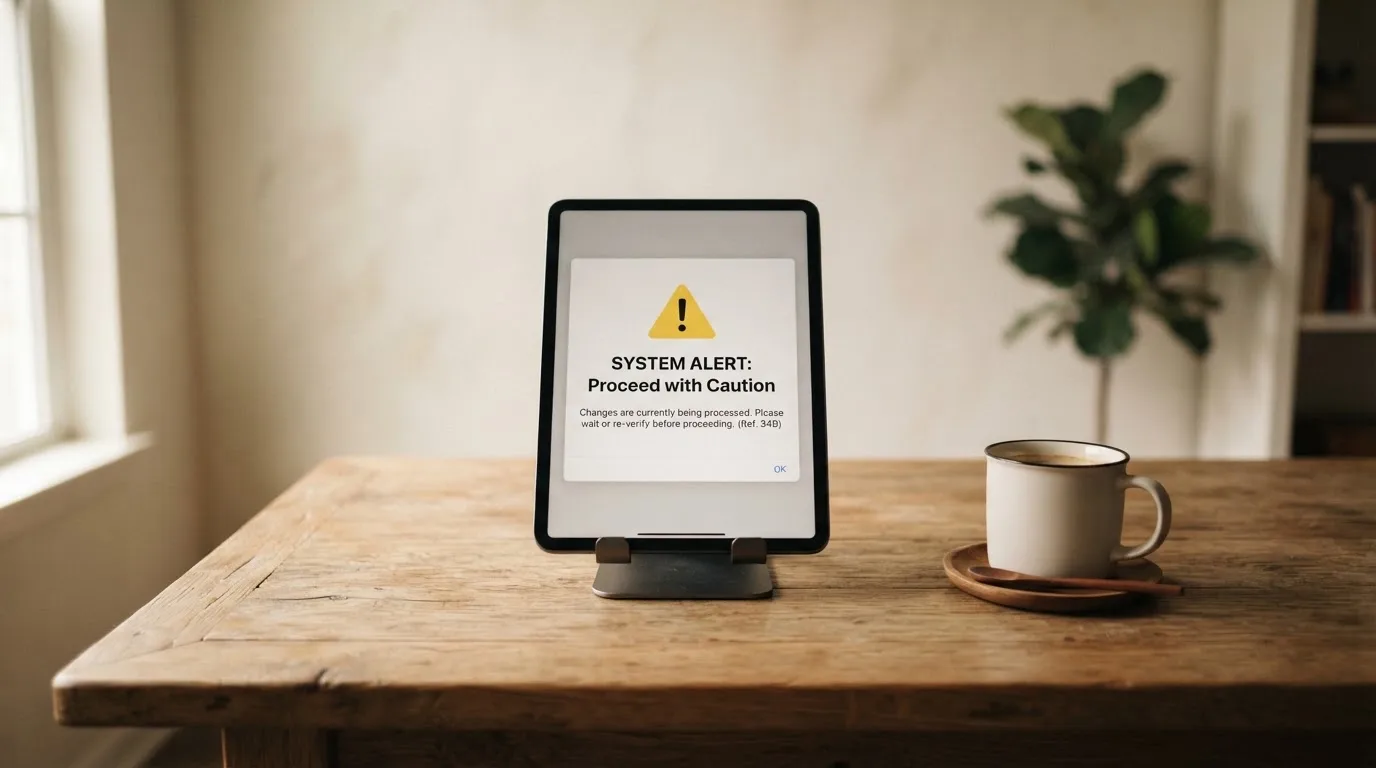 A tablet on a desk displays a plain government-style warning notice page, with a coffee cup beside it.