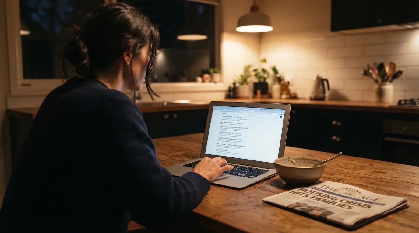A person sits at a kitchen table in the evening, scrolling a laptop showing a general search results page about bonus offers.