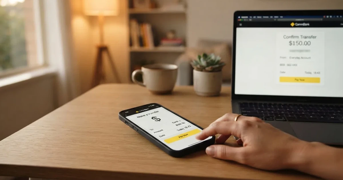 Close-up of a smartphone banking app open beside a laptop on a home desk, mid-transfer.