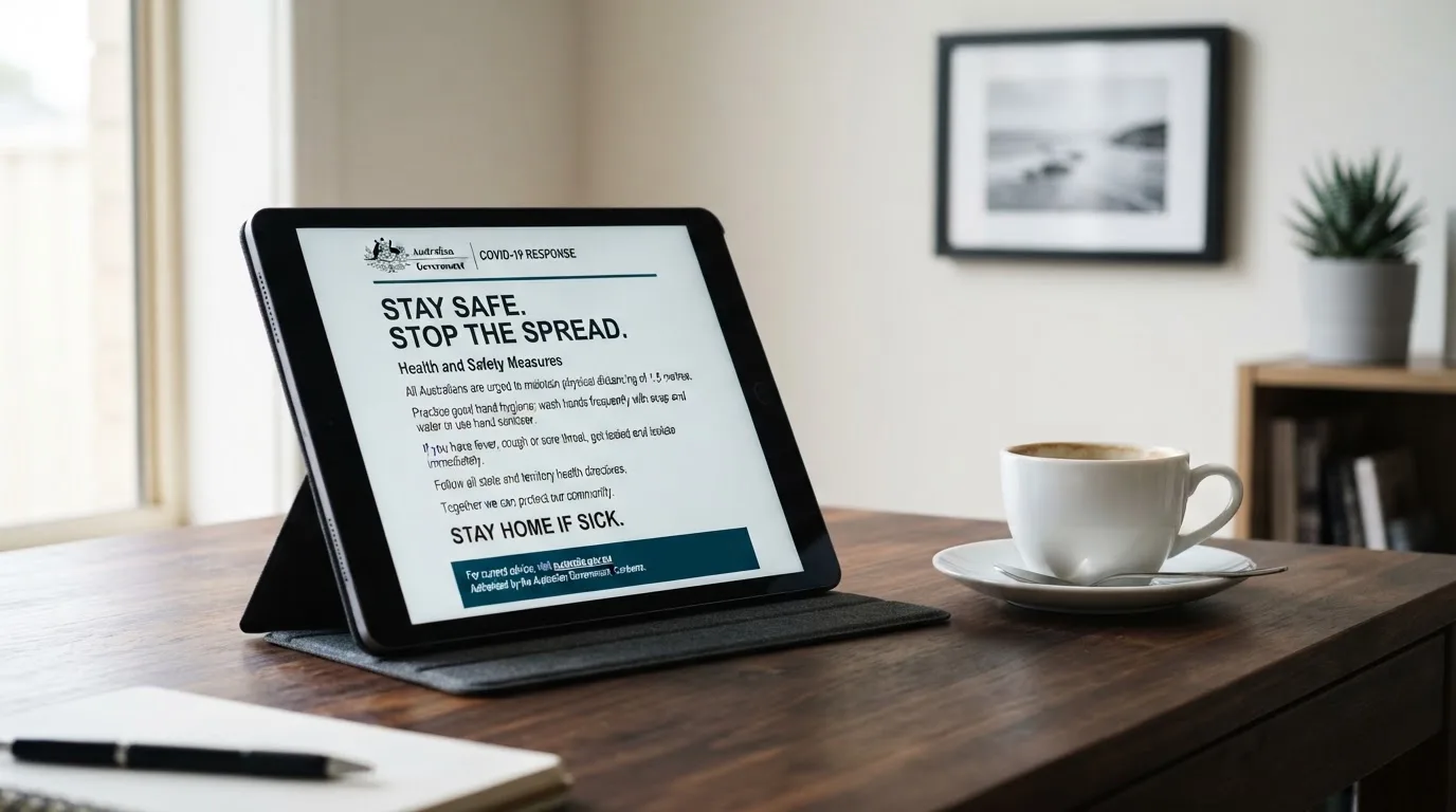 A tablet on a desk displays a plain government-style warning notice page, with a coffee cup beside it.
