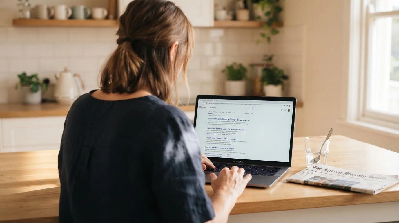 A person sits at a kitchen table, scrolling a laptop showing a general search results page about deposit limits.