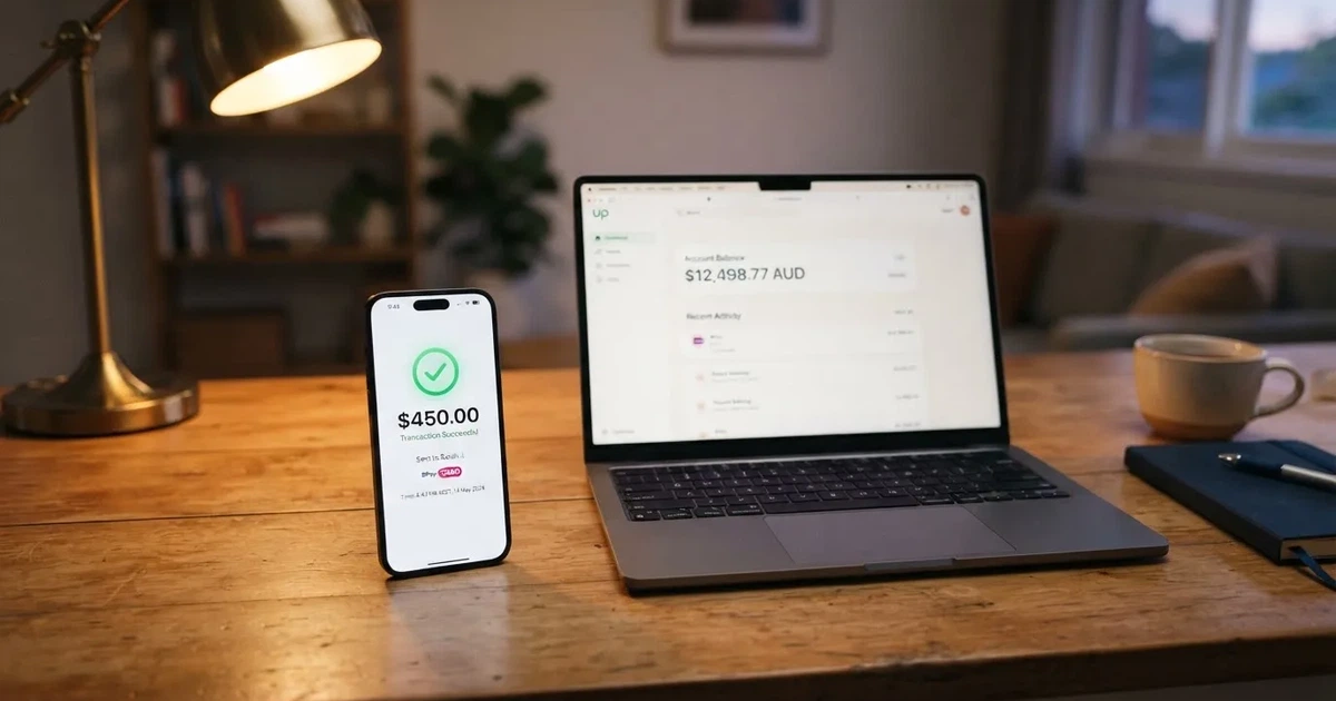 Close-up of a smartphone banking app open beside a laptop on a home desk, mid-transfer.