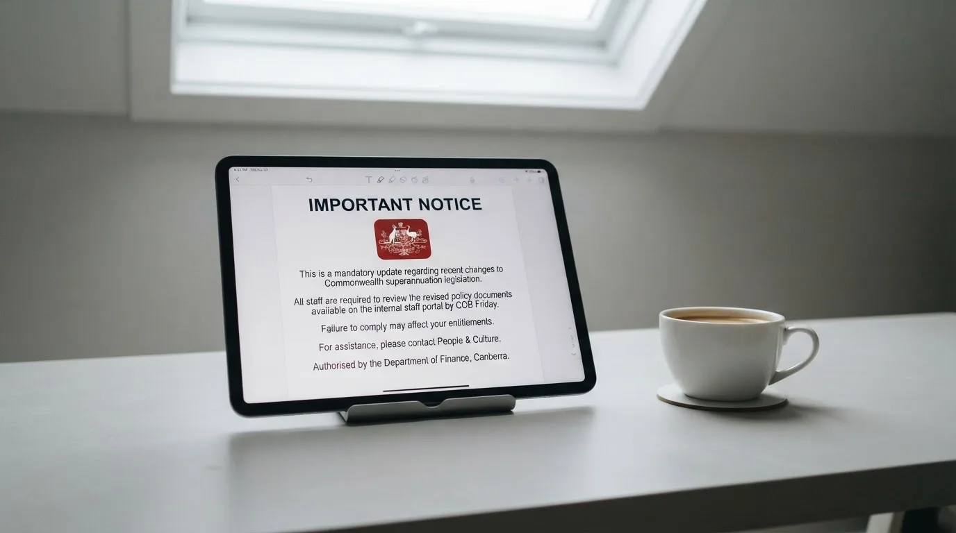 A tablet on a desk displays a plain government-style warning notice page, with a coffee cup beside it.