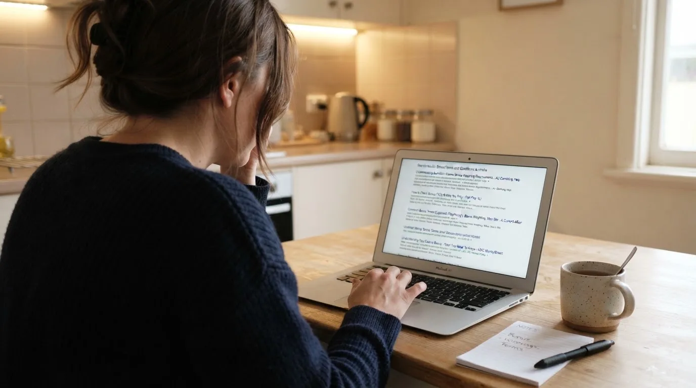 A person sits at a kitchen table, scrolling a laptop showing a general search results page about bonus terms.
