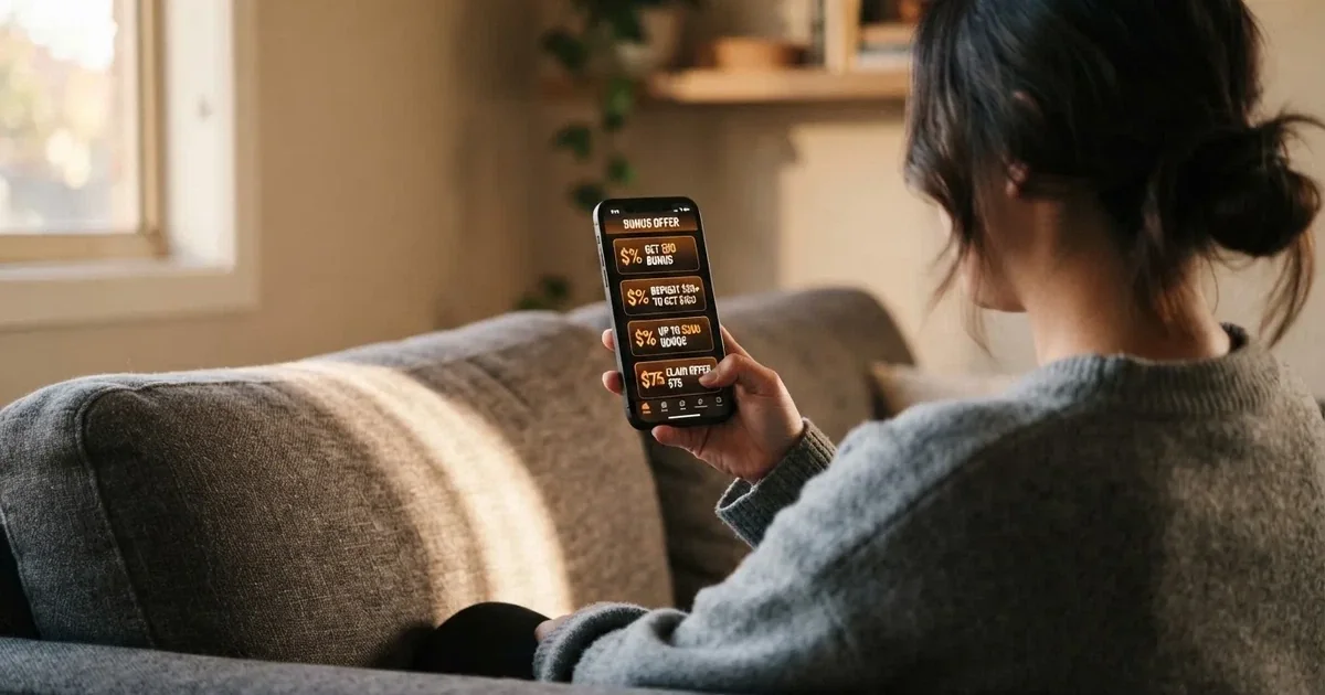 A phone screen shows a list of promotional bonus tiles as someone scrolls with one thumb on a couch.