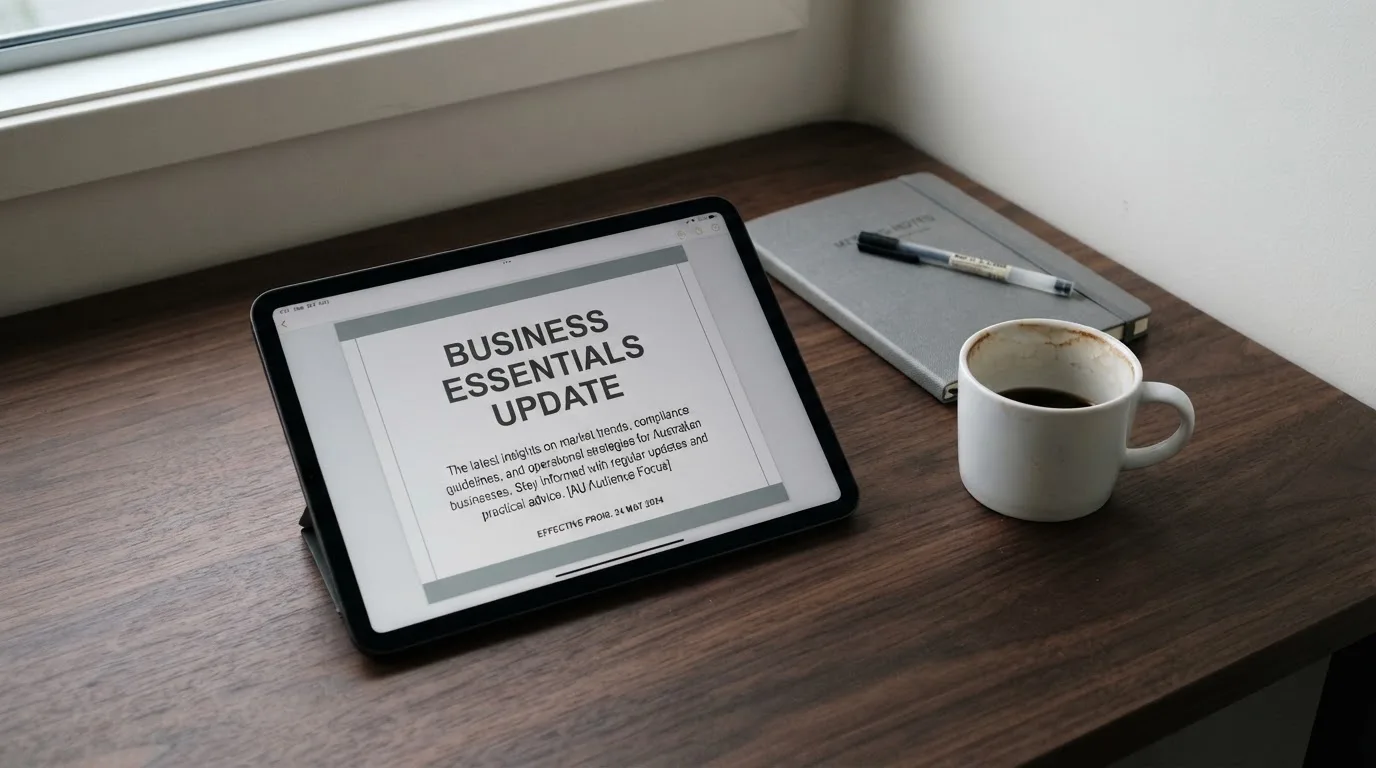 A tablet on a desk displays a plain government-style warning notice page, with a coffee cup beside it.