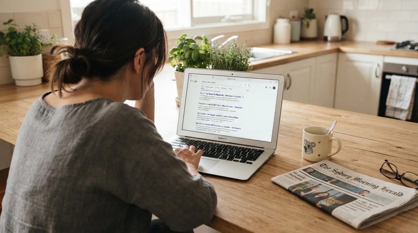 A person sits at a kitchen table, scrolling a laptop showing a general search results page about free spins offers.