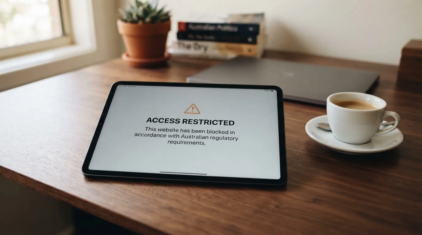 A tablet on a desk displays a plain government-style warning notice page, with a coffee cup beside it.
