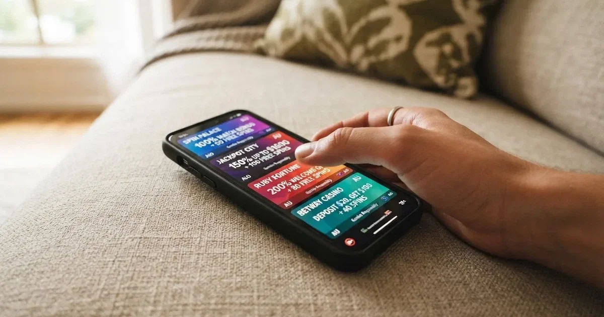 A phone screen shows a list of promotional bonus tiles as someone scrolls with one thumb on a couch.