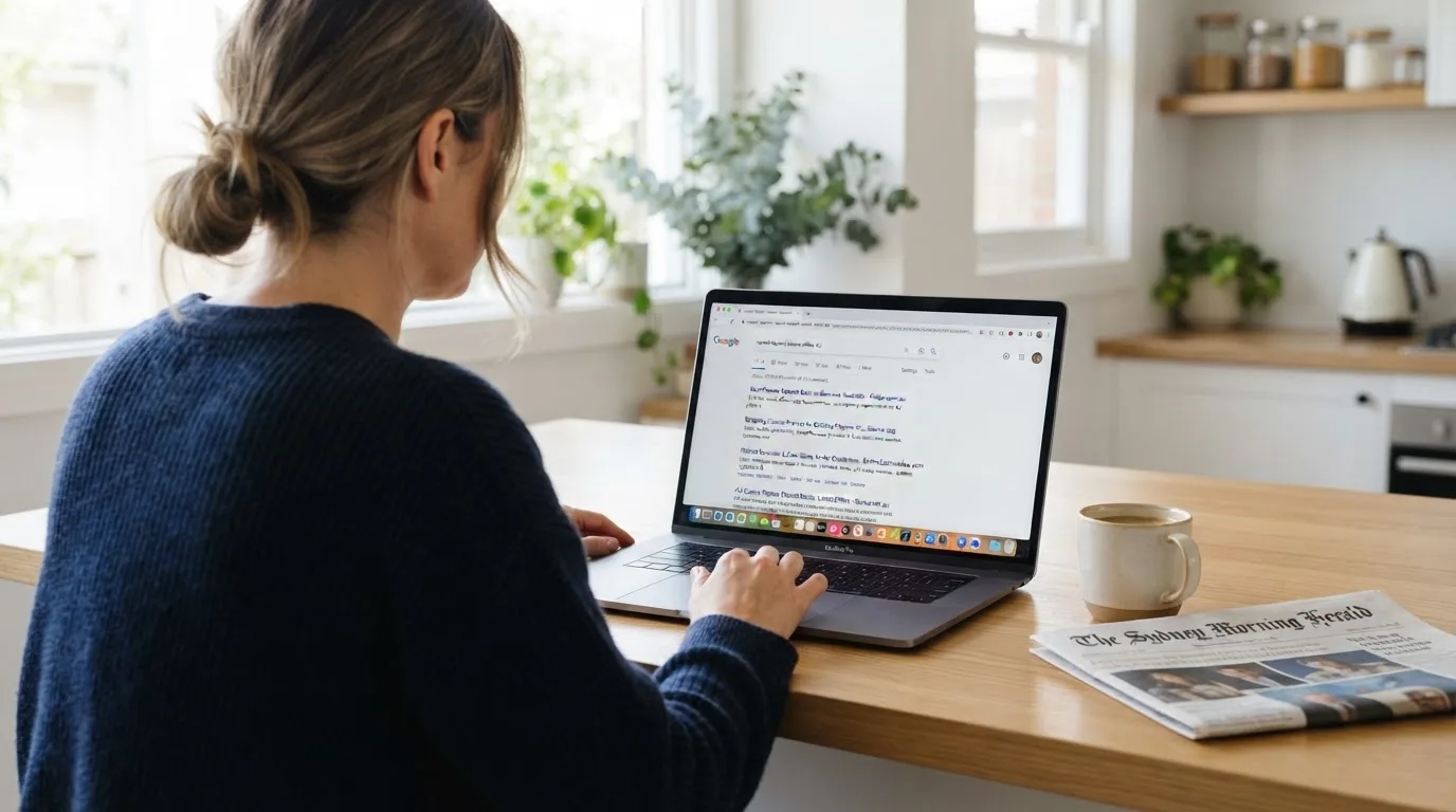 A person sits at a kitchen table, scrolling a laptop showing a general search results page about repeat-deposit offers.