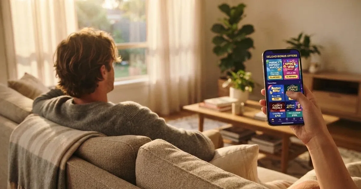 A phone screen shows a list of promotional bonus tiles as someone scrolls with one thumb on a couch.