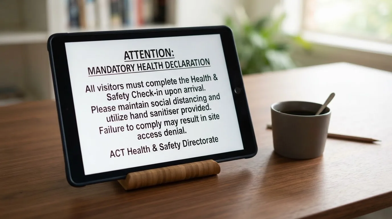 A tablet on a desk displays a plain government-style warning notice page, with a coffee cup beside it.