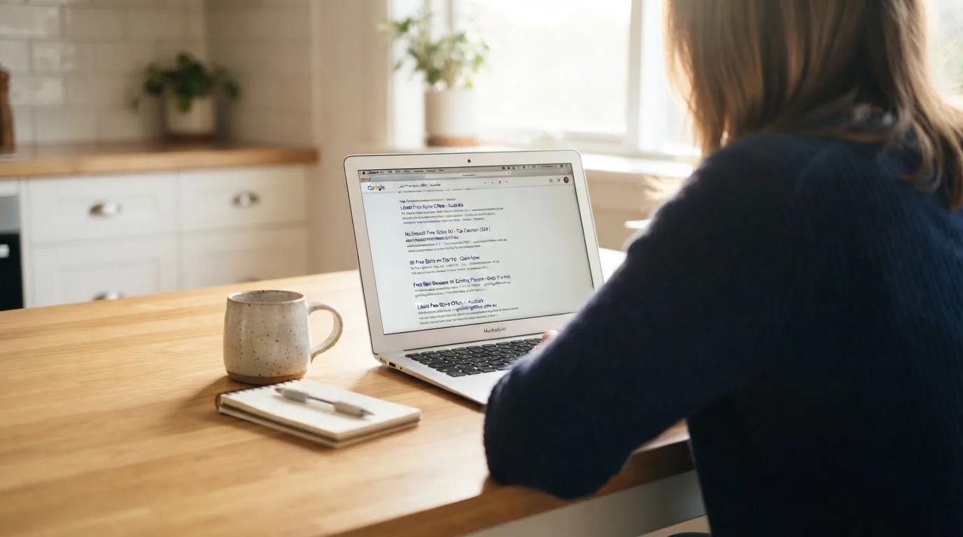 A person sits at a kitchen table, scrolling a laptop showing a general search results page about free spins offers.