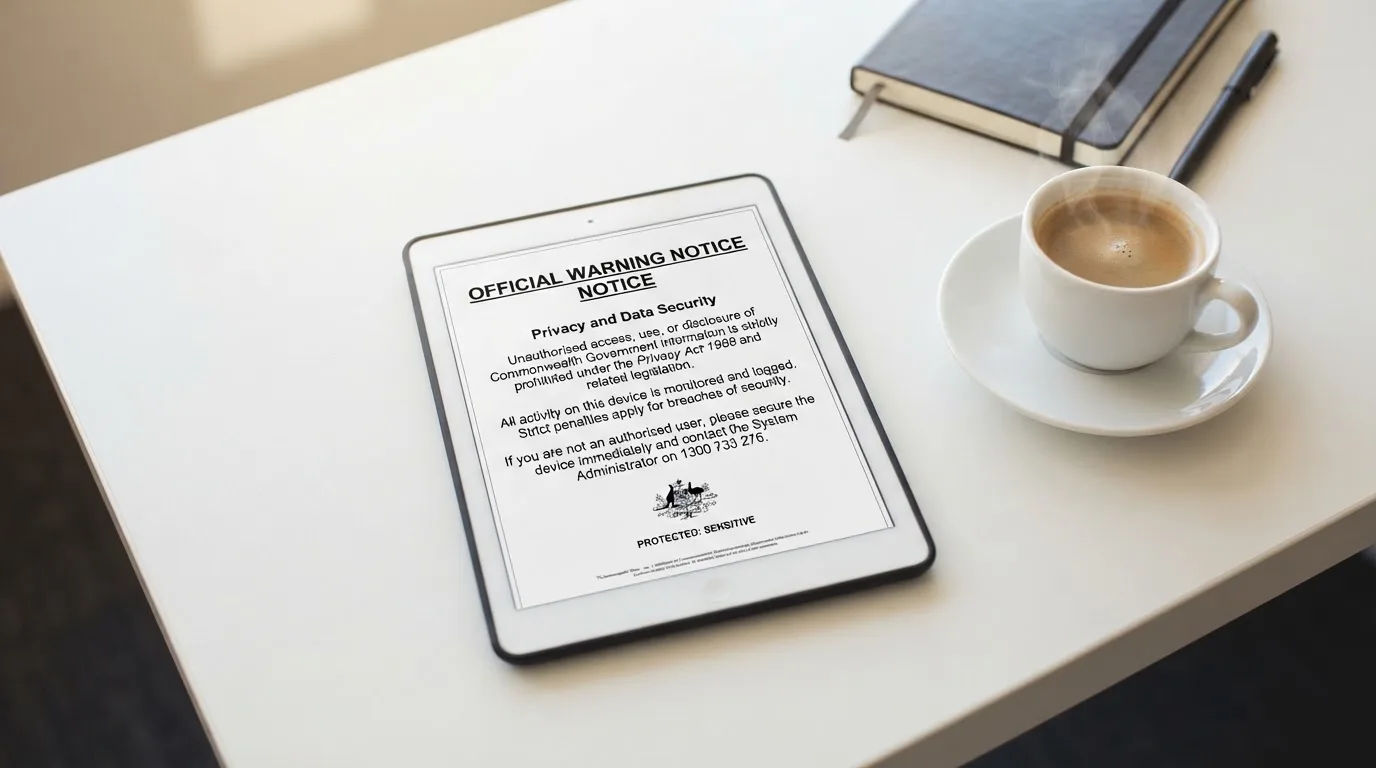 A tablet on a desk displays a plain government-style warning notice page, with a coffee cup beside it.