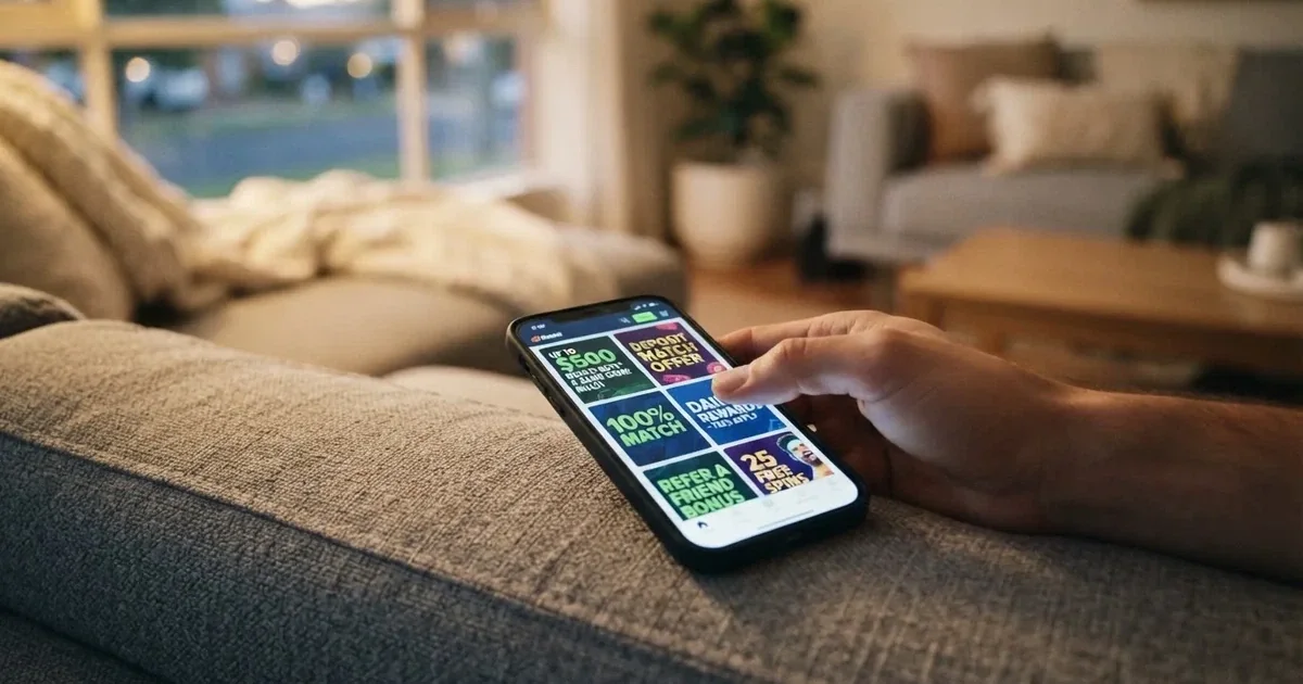 A phone screen shows a list of promotional bonus tiles as someone scrolls with one thumb on a couch.