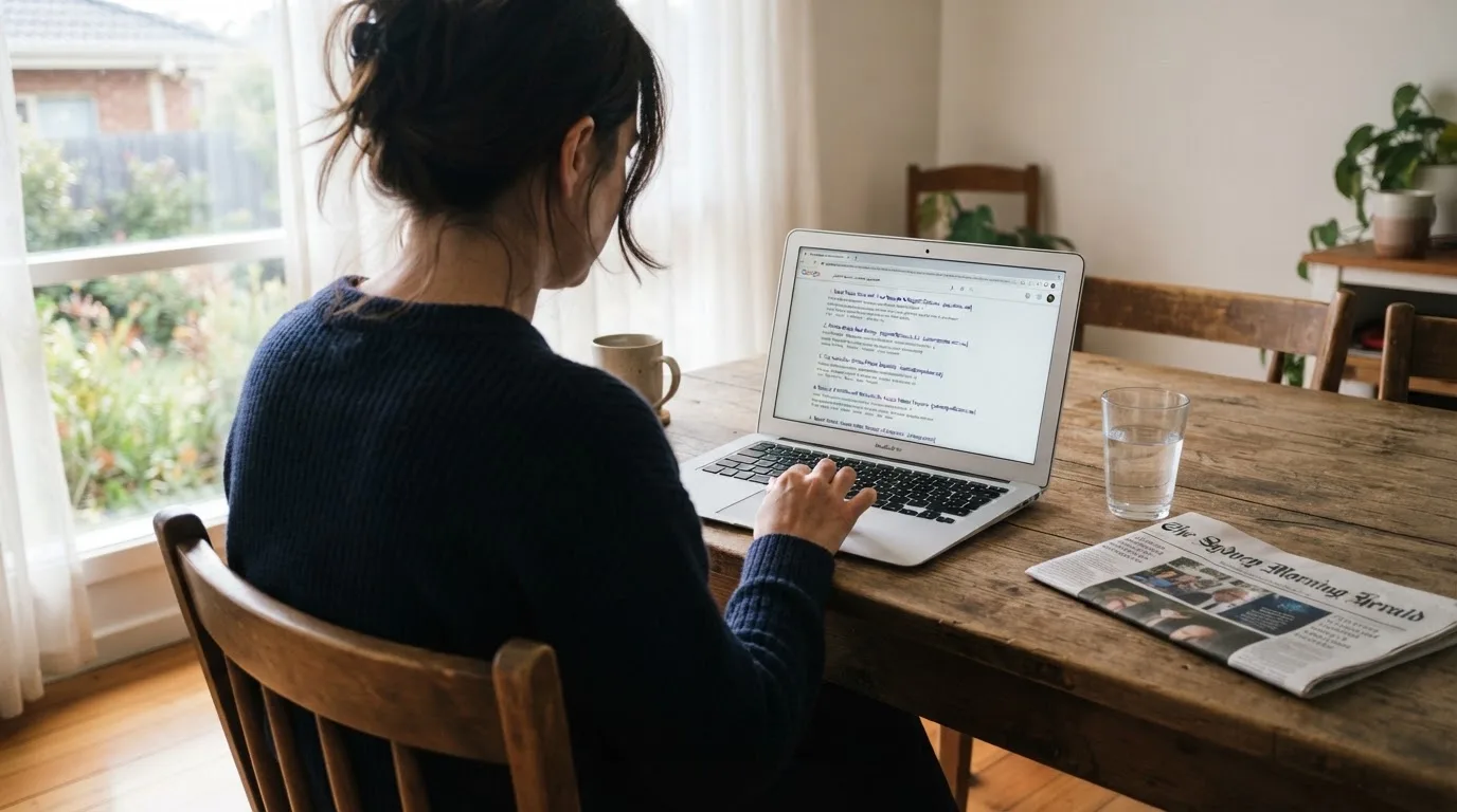 A person sits at a kitchen table, scrolling a laptop showing a general search results page about pokies deposit options.
