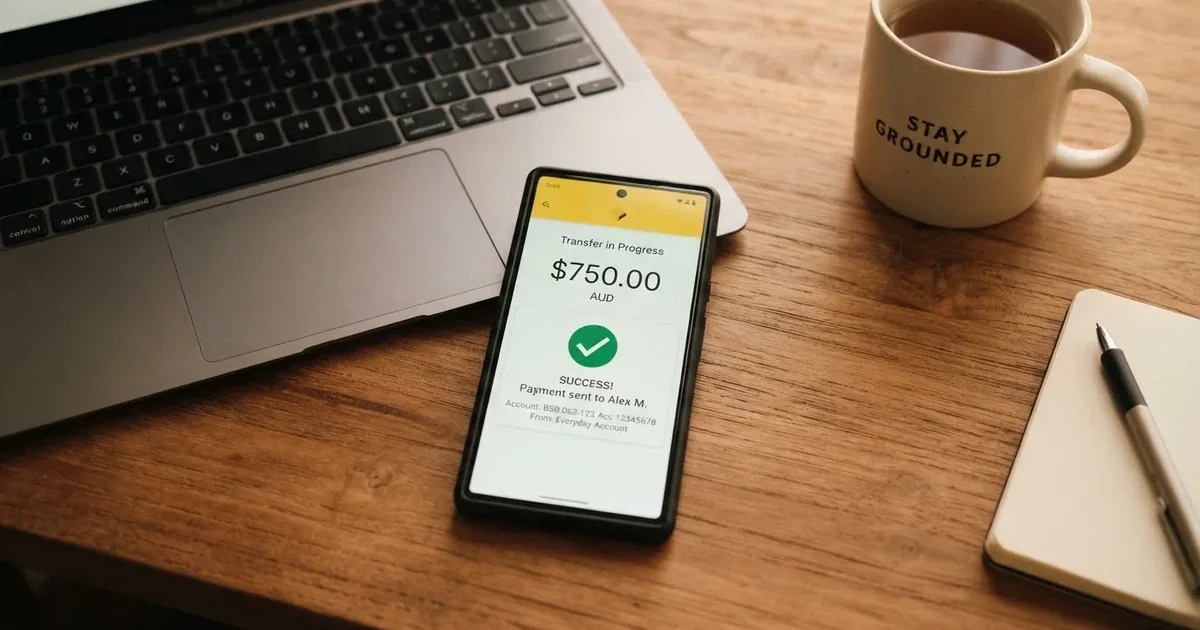 Close-up of a smartphone banking app open beside a laptop on a home desk, mid-transfer.