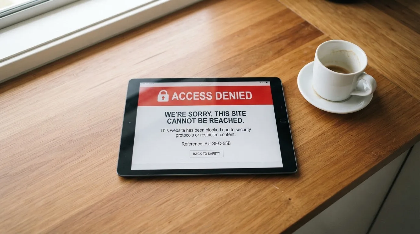 A tablet on a desk displays a plain government-style warning notice page, with a coffee cup beside it.