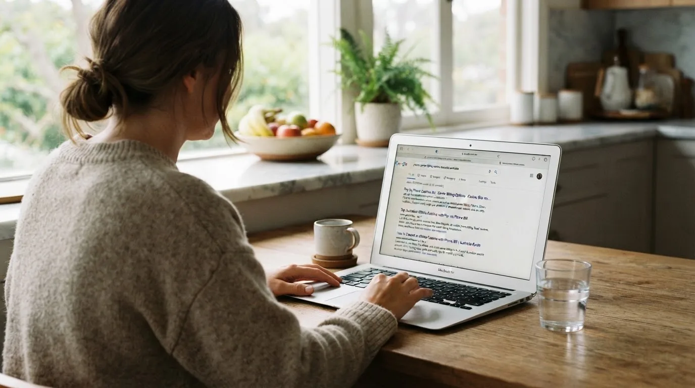 A person sits at a kitchen table, scrolling a laptop showing a general search results page about phone-bill deposits.