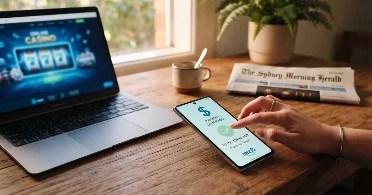 Close-up of a smartphone banking app open beside a laptop on a home desk, mid-transfer.