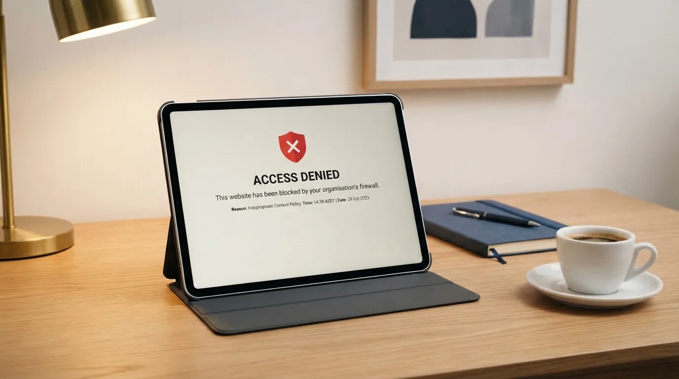 A tablet on a desk displays a plain government-style warning notice page, with a coffee cup beside it.