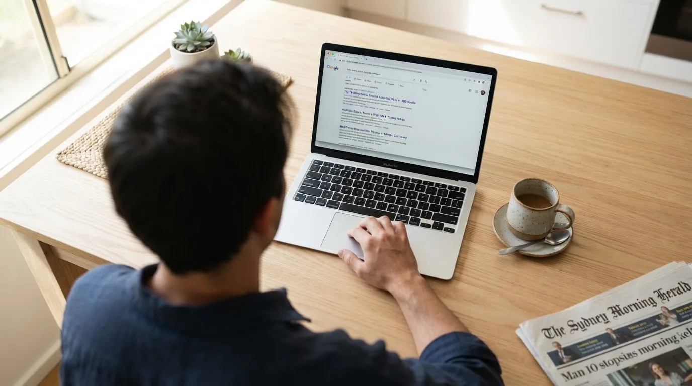 A person sits at a kitchen table, scrolling a laptop showing a general search results page about a review of a pokies site.