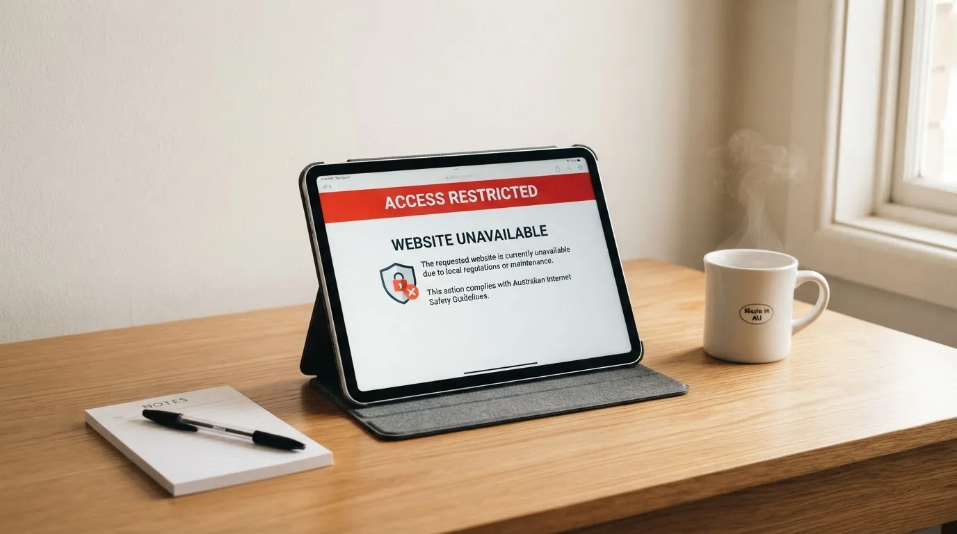 A tablet on a desk displays a plain government-style warning notice page, with a coffee cup beside it.