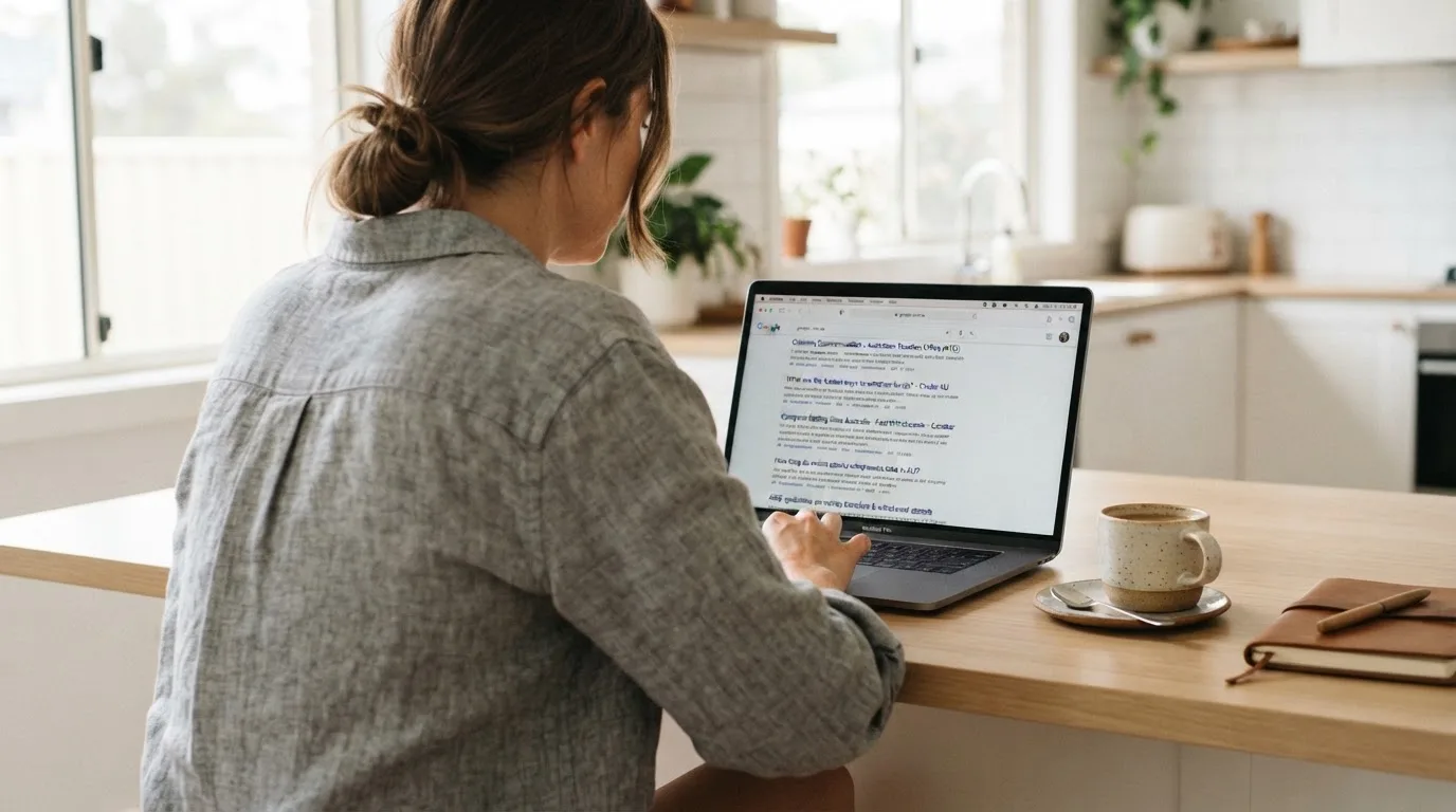 A person sits at a kitchen table, scrolling a laptop showing a general search results page about withdrawal speed claims.