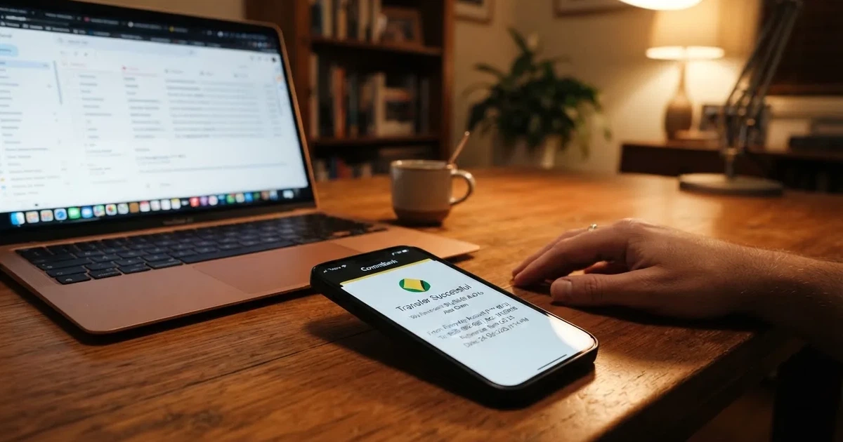 Close-up of a smartphone banking app open beside a laptop on a home desk, mid-transfer.