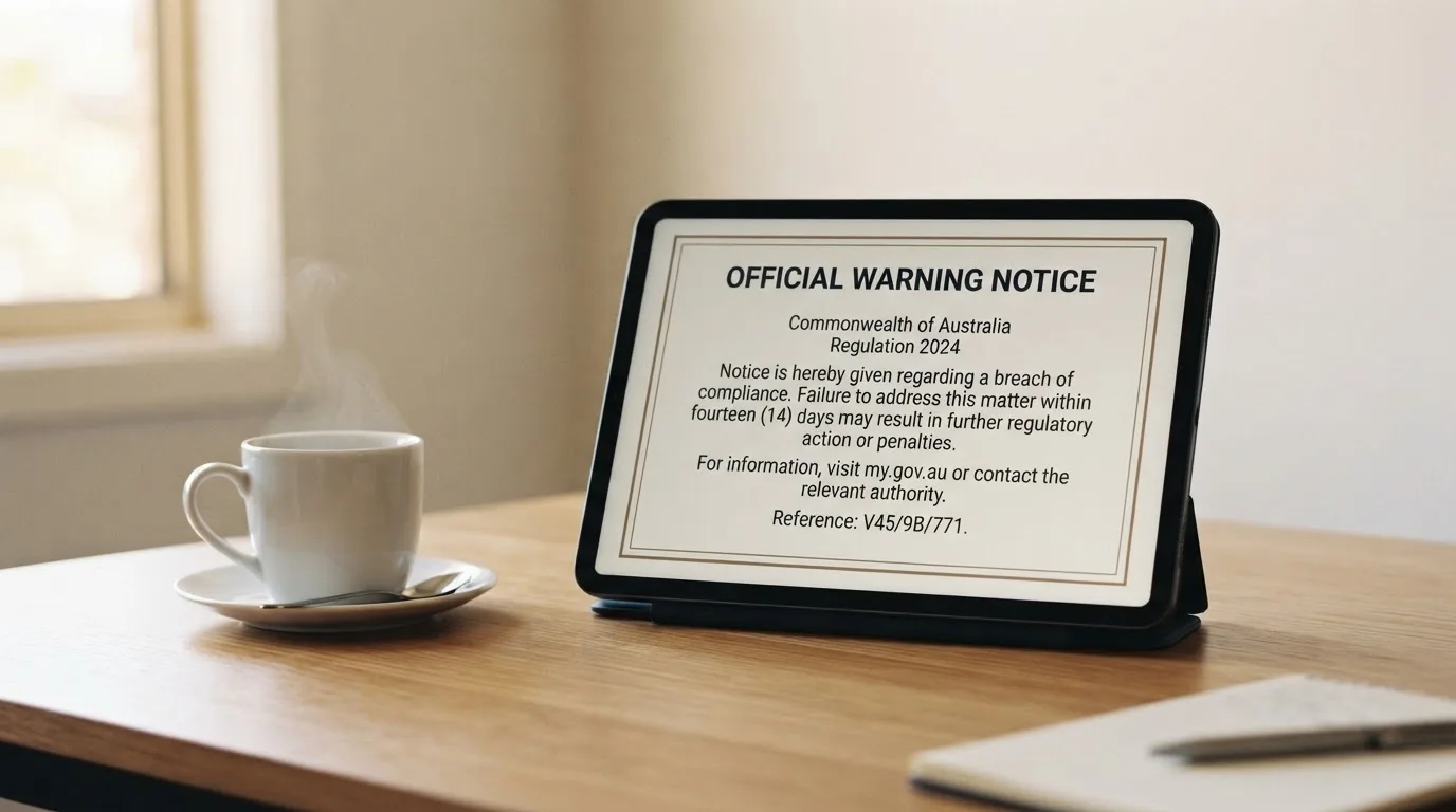 A tablet on a desk displays a plain government-style warning notice page, with a coffee cup beside it.