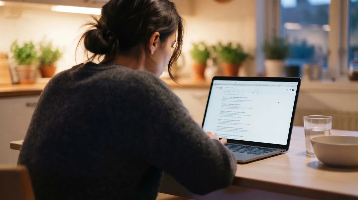 A person sits at a kitchen table, scrolling a laptop showing a general search results page about pokies apps.