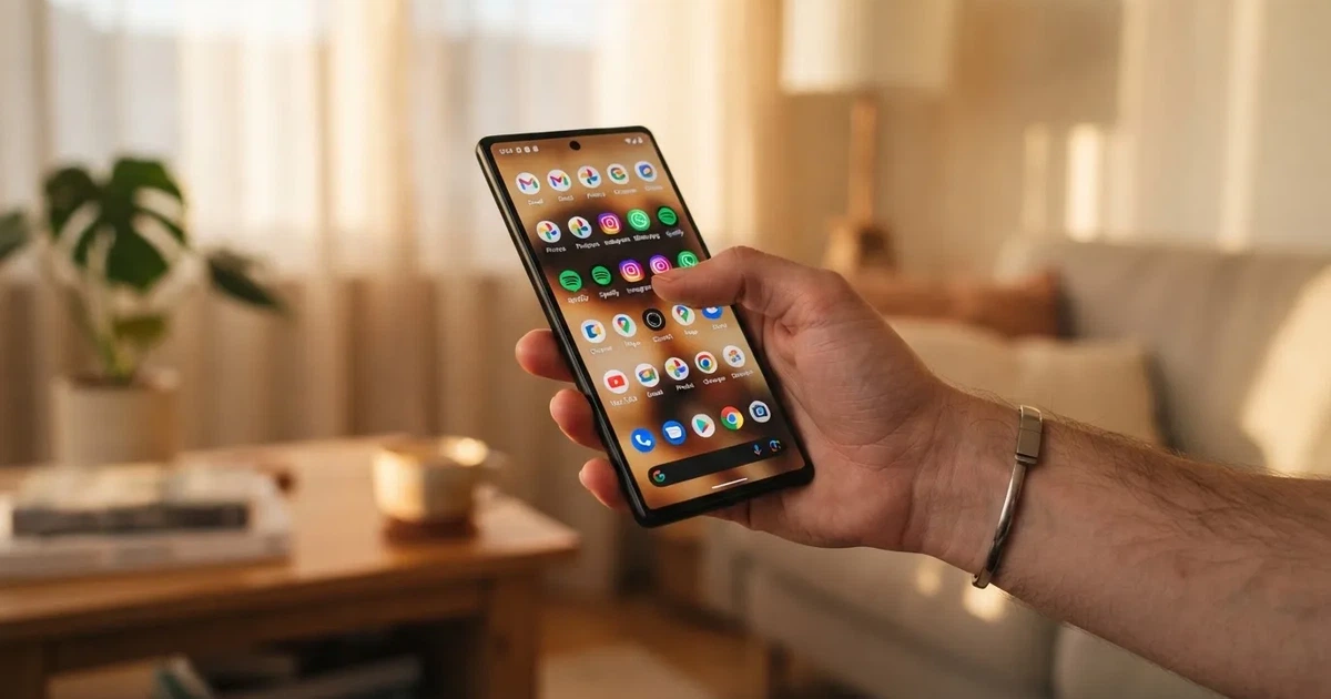 A hand holds a smartphone with an app icon grid visible on the home screen, thumb hovering over the display.