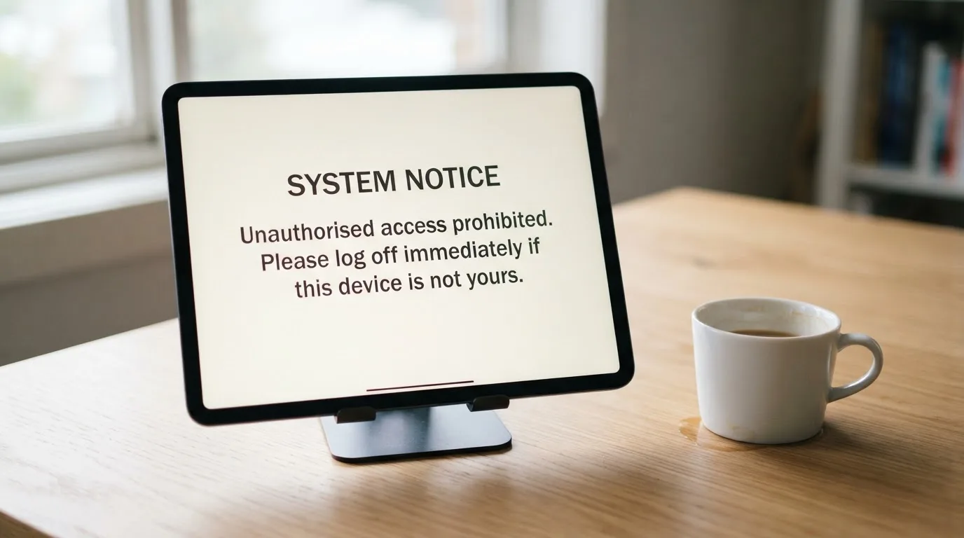 A tablet on a desk displays a plain government-style warning notice page, with a coffee cup beside it.