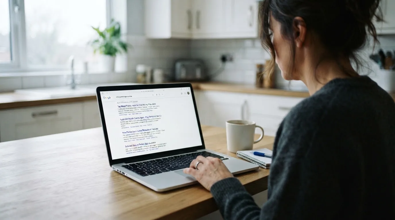 A person sits at a kitchen table, scrolling a laptop showing a general search results page about pokies apps.