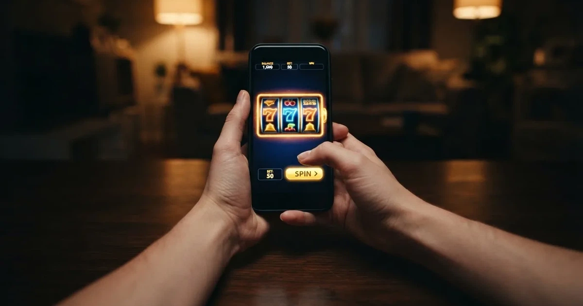 A hand holds a smartphone with an app icon grid visible on the home screen, thumb hovering over the display.