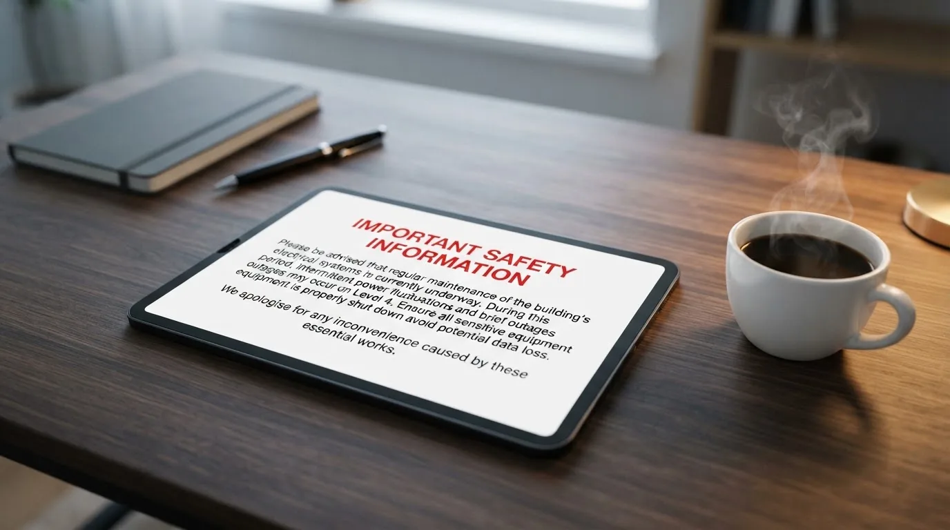 A tablet on a desk displays a plain government-style warning notice page, with a coffee cup beside it.