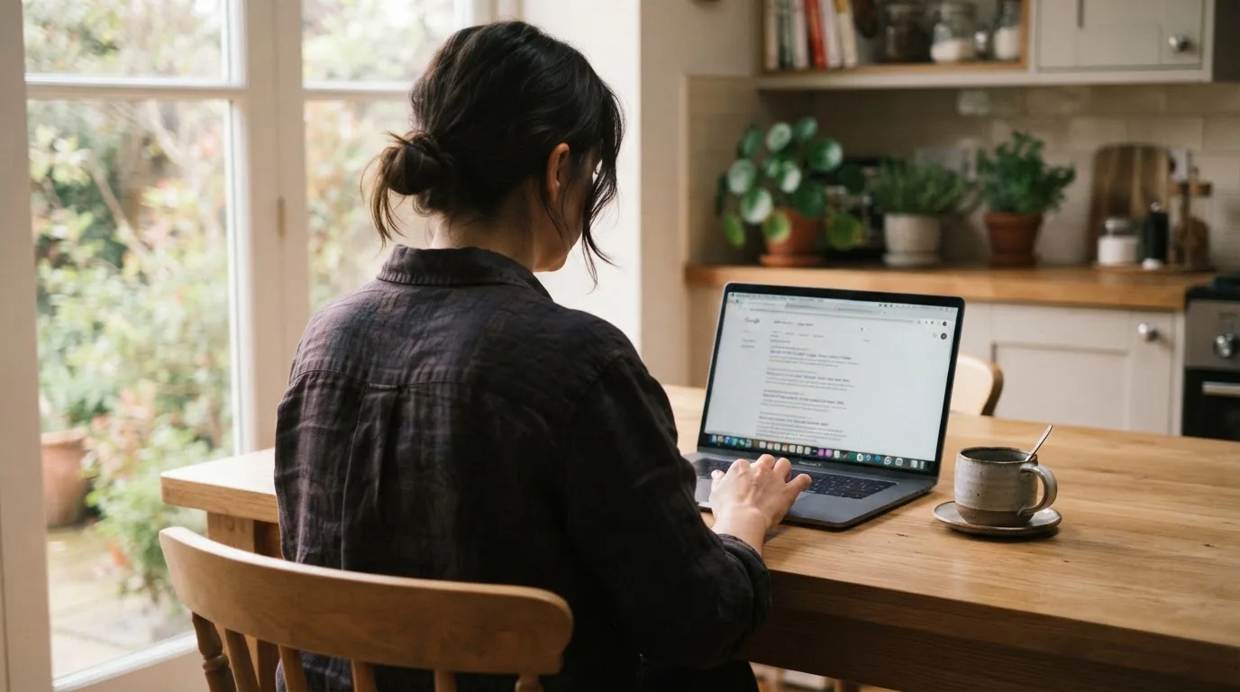 A person sits at a kitchen table, scrolling a laptop showing a general search results page about crypto casino comparisons.