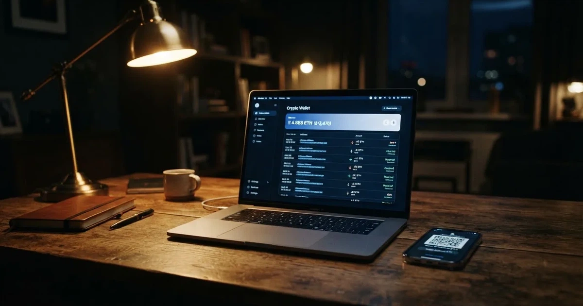 A laptop screen shows a cryptocurrency wallet balance next to a phone displaying a QR code, on a desk at night.