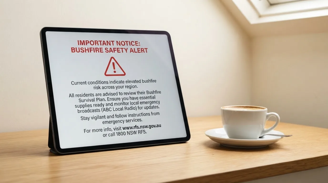A tablet on a desk displays a plain government-style warning notice page, with a coffee cup beside it.